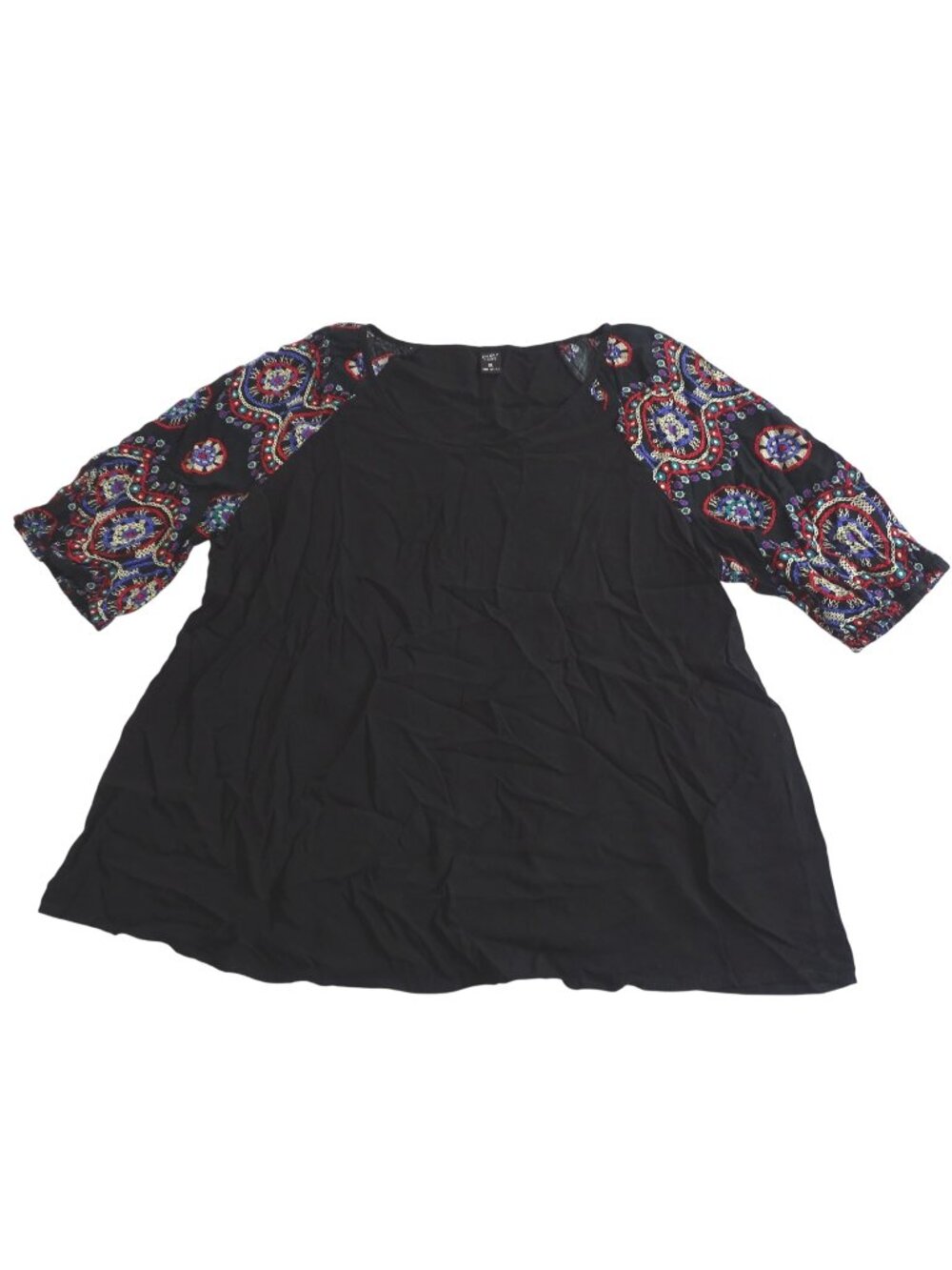 Emery Rose Black Tunic Top Women Size XL Colorful Printed Short Sleeves Boho